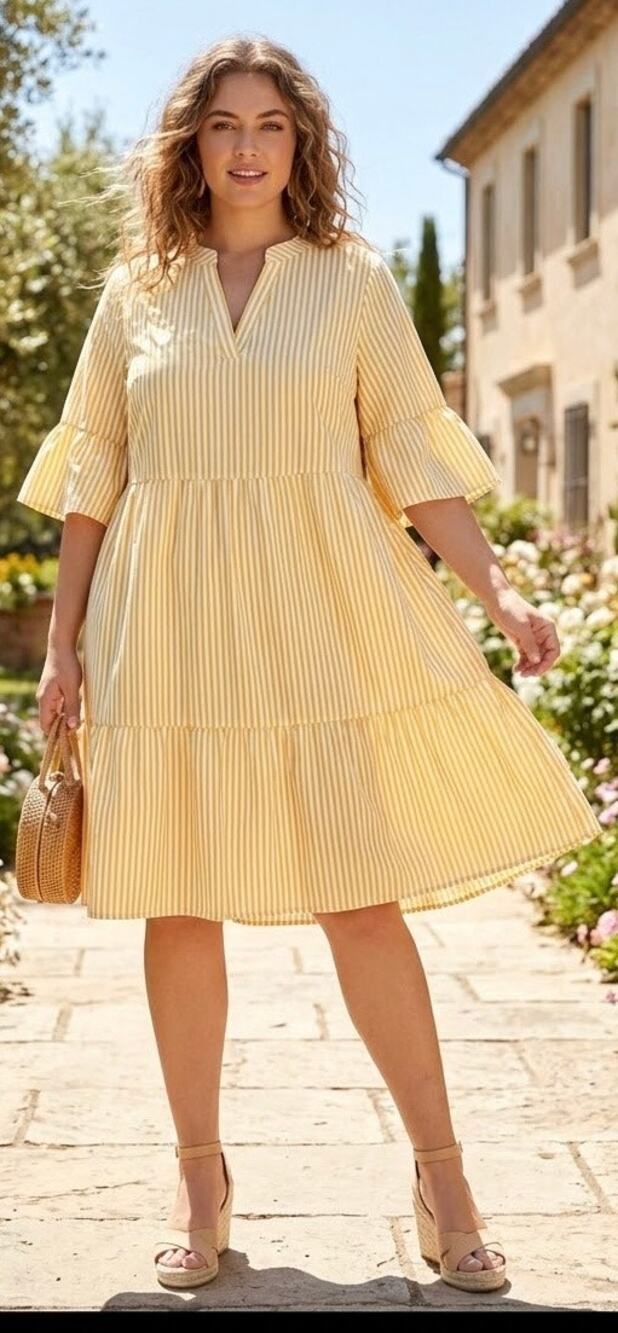 Shein Curve Womens 3XL Yellow White Striped V-Neck Tiered Babydoll Dress Flutter